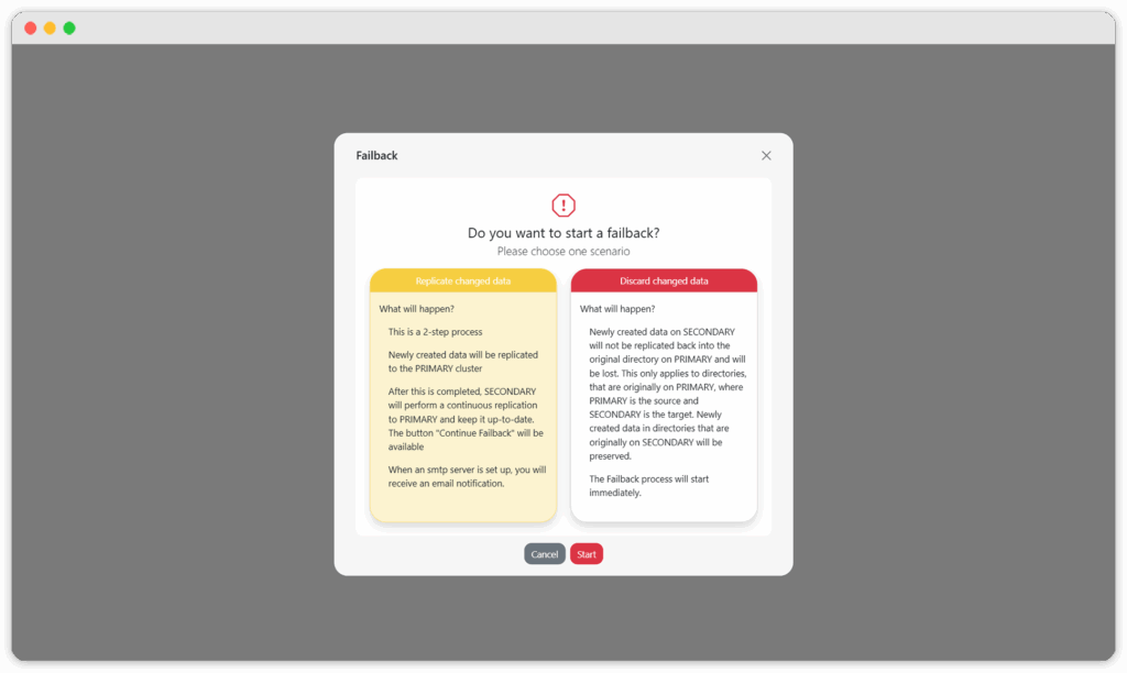 failback - mode - replicate changes